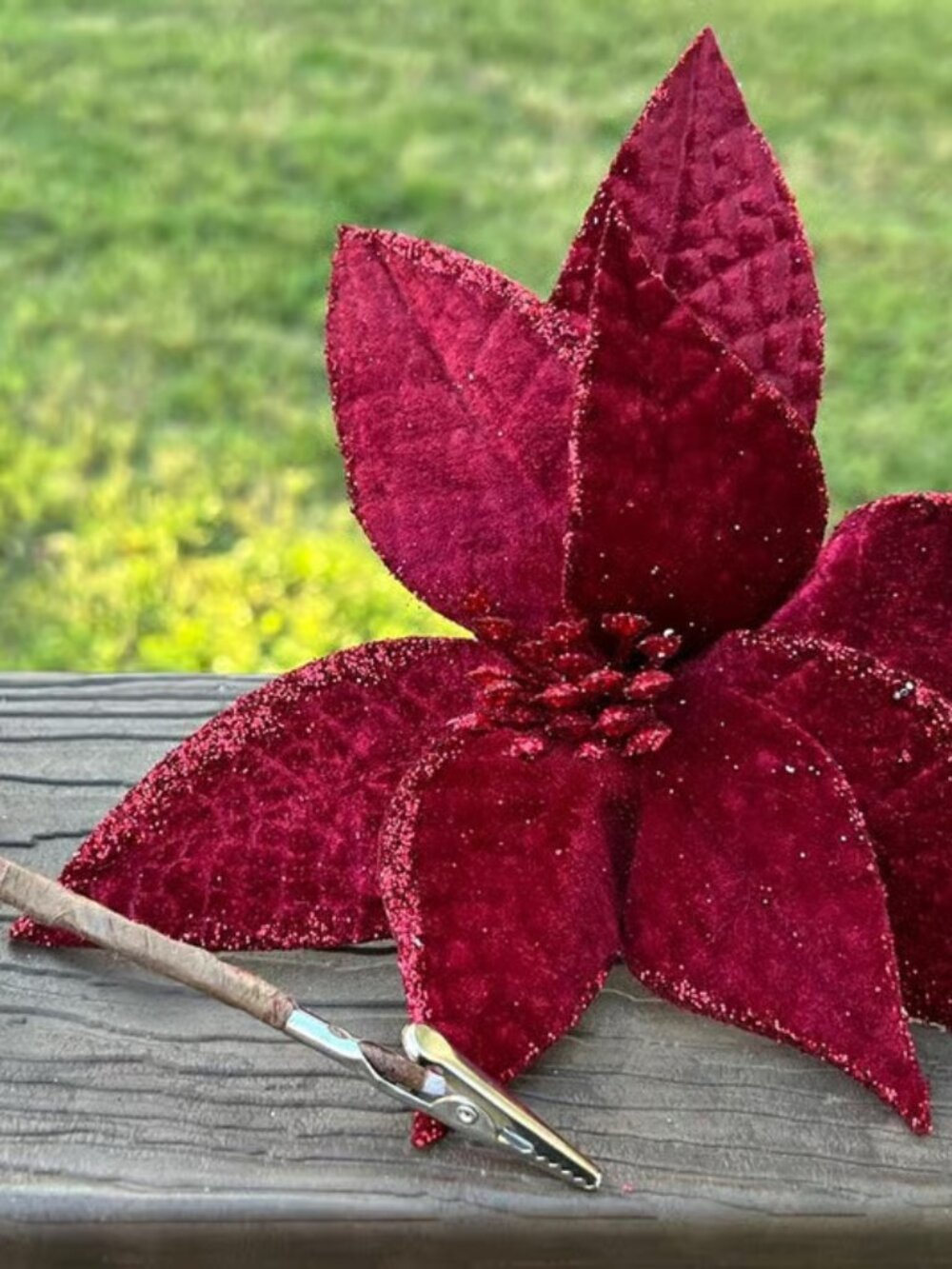 Burgundy Velvet Poinsettia Clip Pick Christmas Tree Trimming Wreath Decor